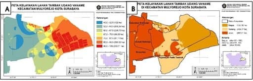 Figure 3. The assessment of the feasibility of shrimp pond cultivation land in Mulyorejo District after performing the overlay (A) and after being categorized (B)