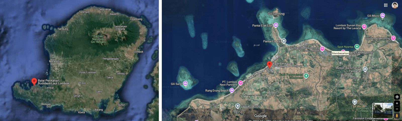 Figure 1. Lombok Marine Aquaculture Center Location (source: google map, 2024).