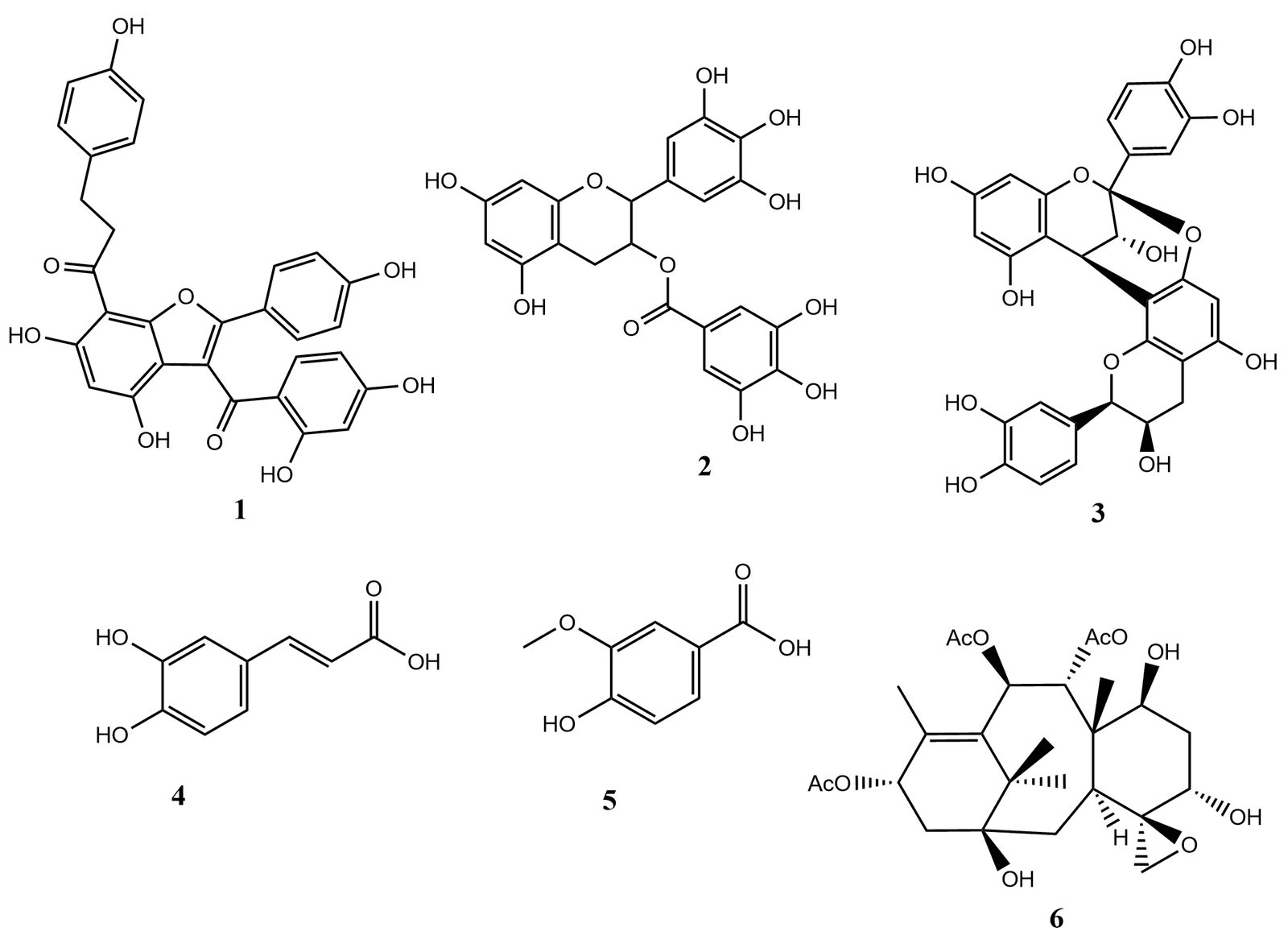 Figure 3. 2D chemical structure of alodenin A (compound 1), (-)- epigallocatechin-gallate (compound 2), procyanidin A2 (compound 3), caffeic acid (compound 4), vanillic acid (compound 5), and taxumariene (compound 6).