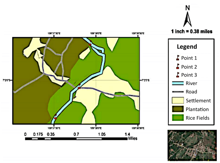 Figure 1. Research location and sampling points at the upstream, middle, and downstream sections of the Sengkarang River.
