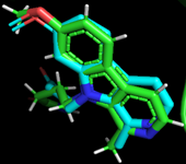 Figure 1. Superimposed view of DYKR1A reference compound in blue and docked reference compound in green.