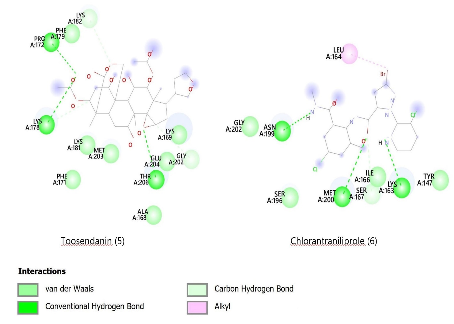 Figure 2.   2D diagrams showing docking interactions of M. volkensii compounds 1- 4 with the target ryanodine receptor protein of the insect FAW.