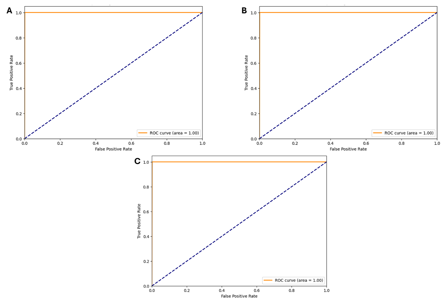 Figure 6. The ROC-AUC curve for the (A) RF Model, (B) DT Model, and (C) XGBoost Model.