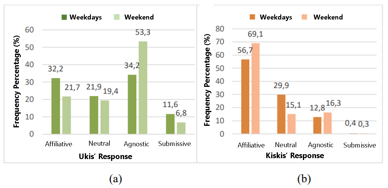 Figure 3. Javan gibbon responses to visitor presence on weekdays and weekends: (Ukis) (a), (Kiskis) (b).